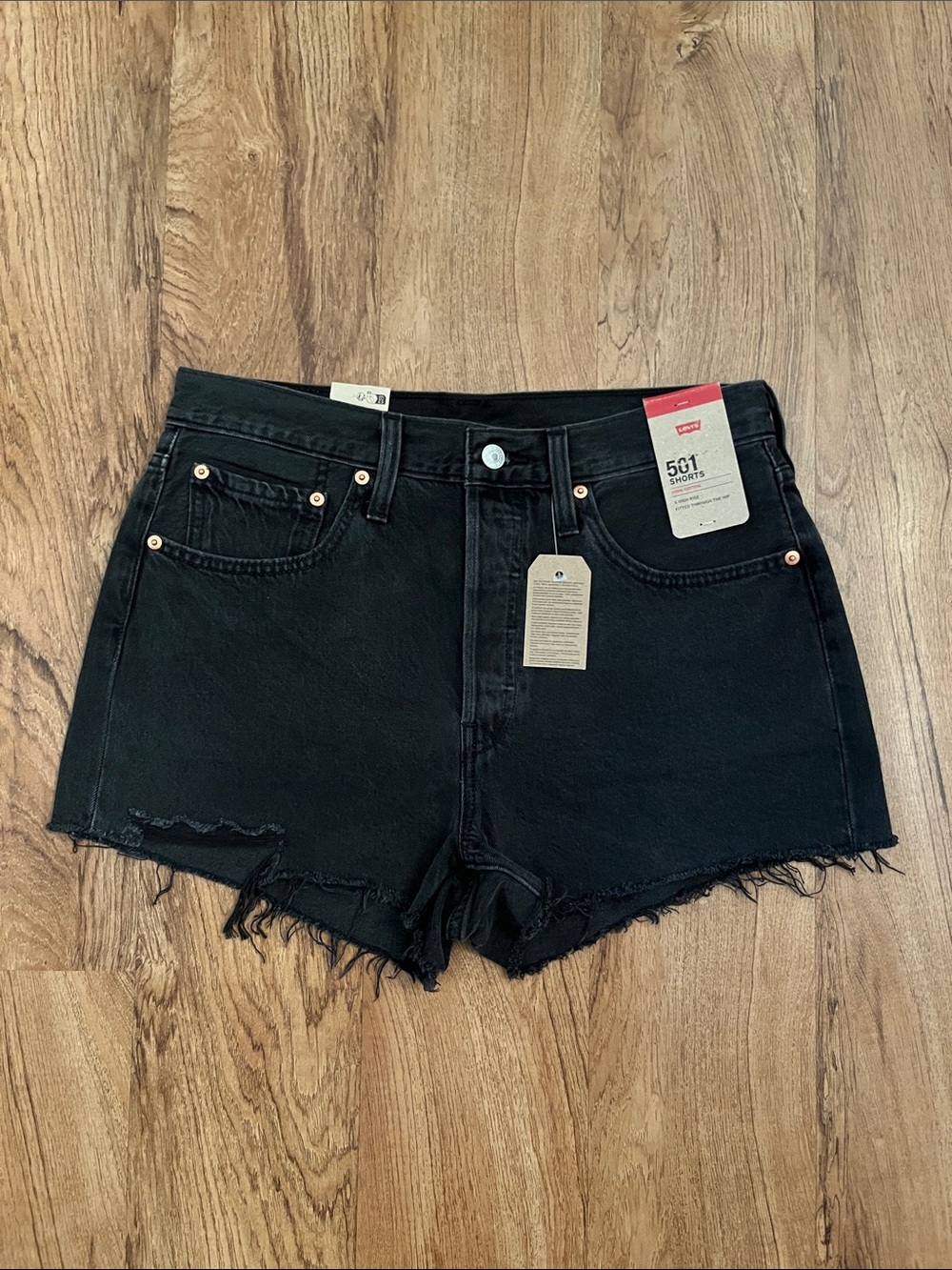 NWT Levi’s 501 Black Destructed Denim Shorts